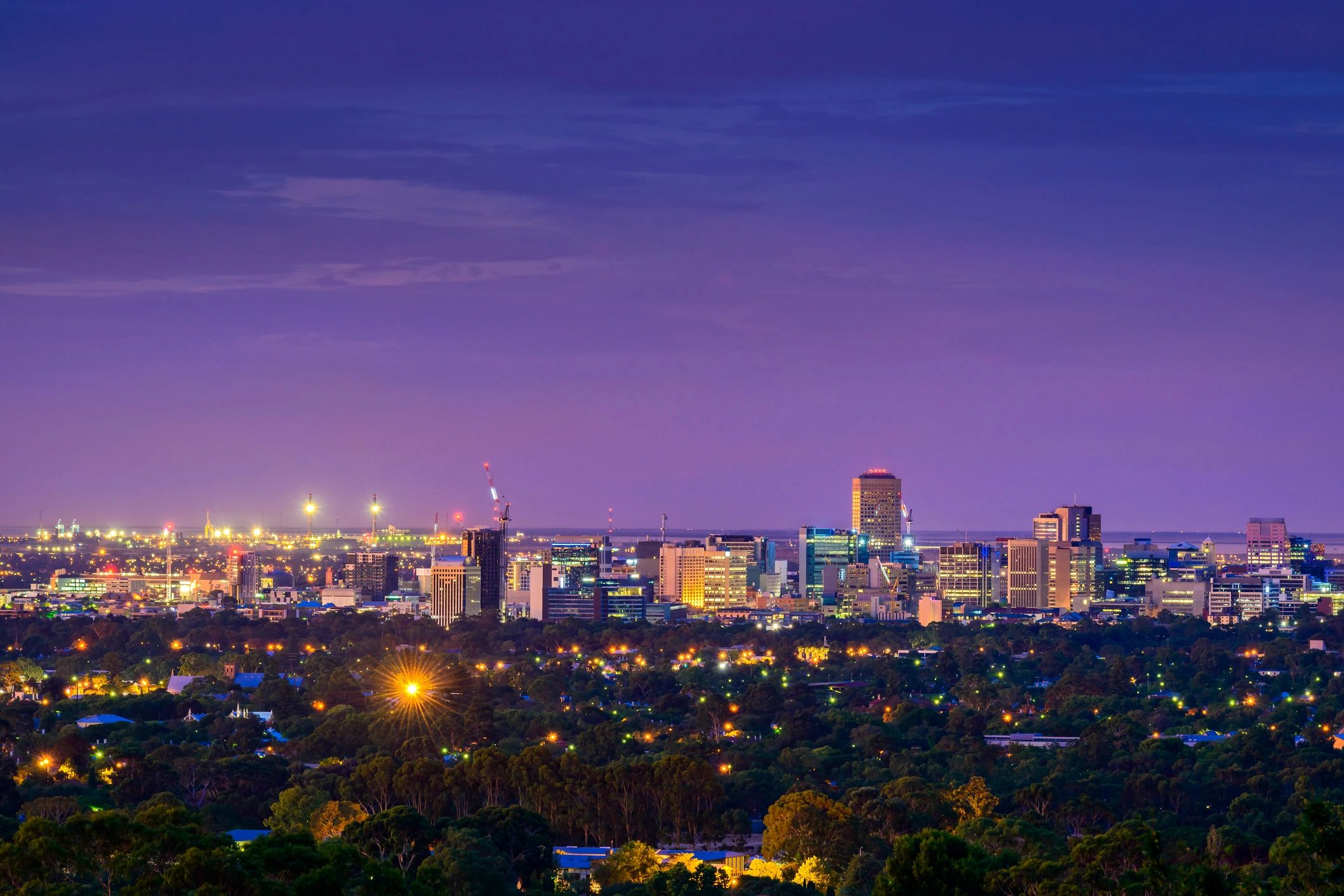 Adelaide city twilight view from the hills, South Australia